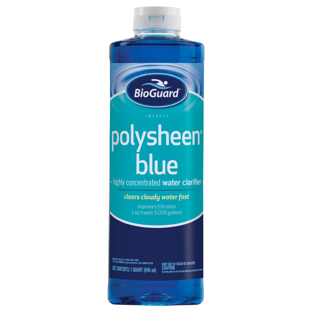 BioGuard Polysheen Blue clarifier bottle showing concentrated formula for rapid pool clarity.