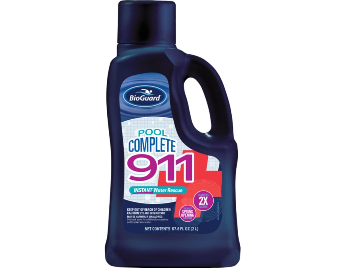BioGuard Pool Complete 911 Upgraded 2L bottle shows rapid water clarity for pools