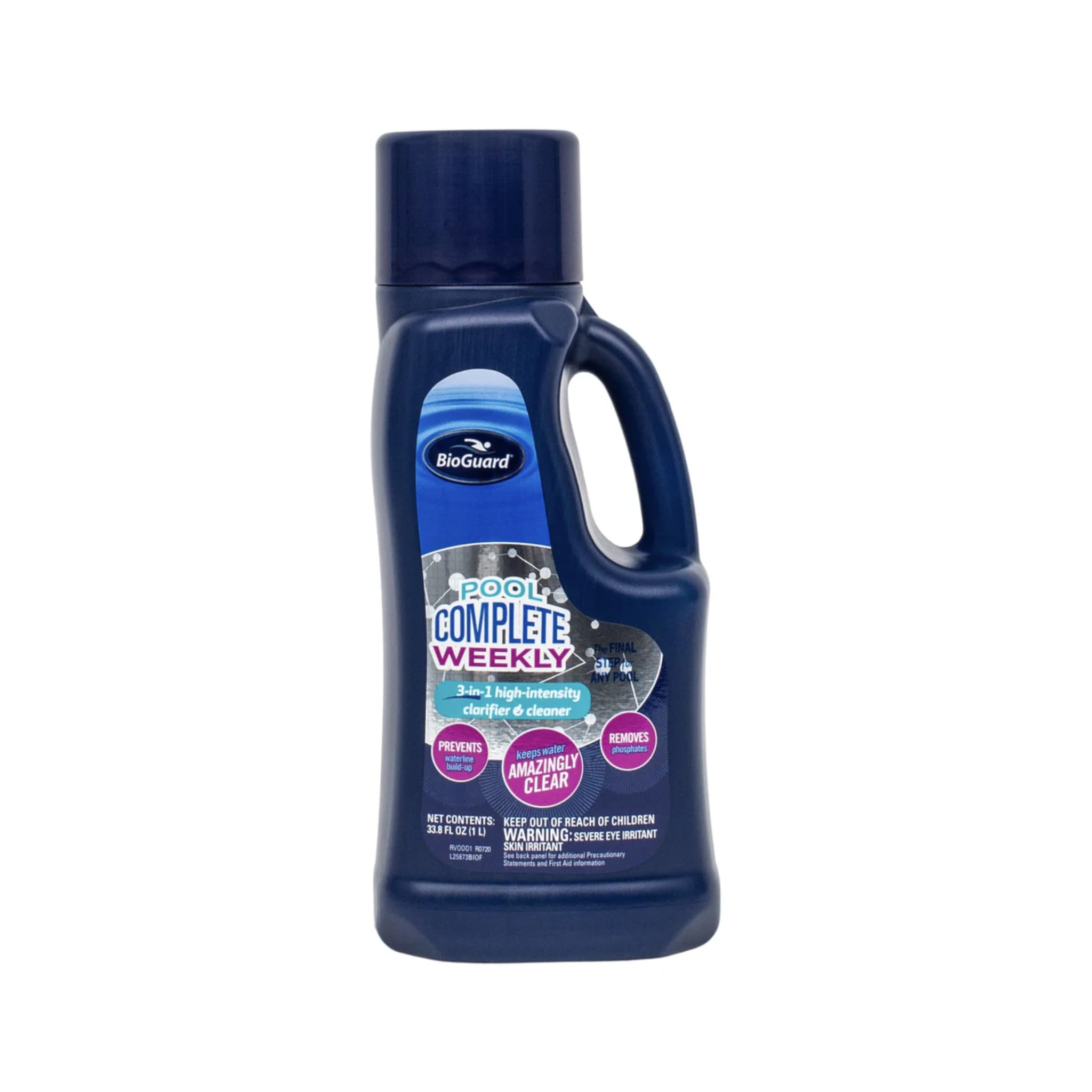 BioGuard Pool Complete Weekly 1L bottle for weekly clarifier and phosphate removal to keep water clear.