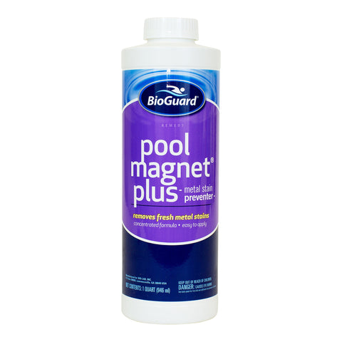 BioGuard Pool Magnet Plus bottle pour demonstrates fast stain prevention for pool water