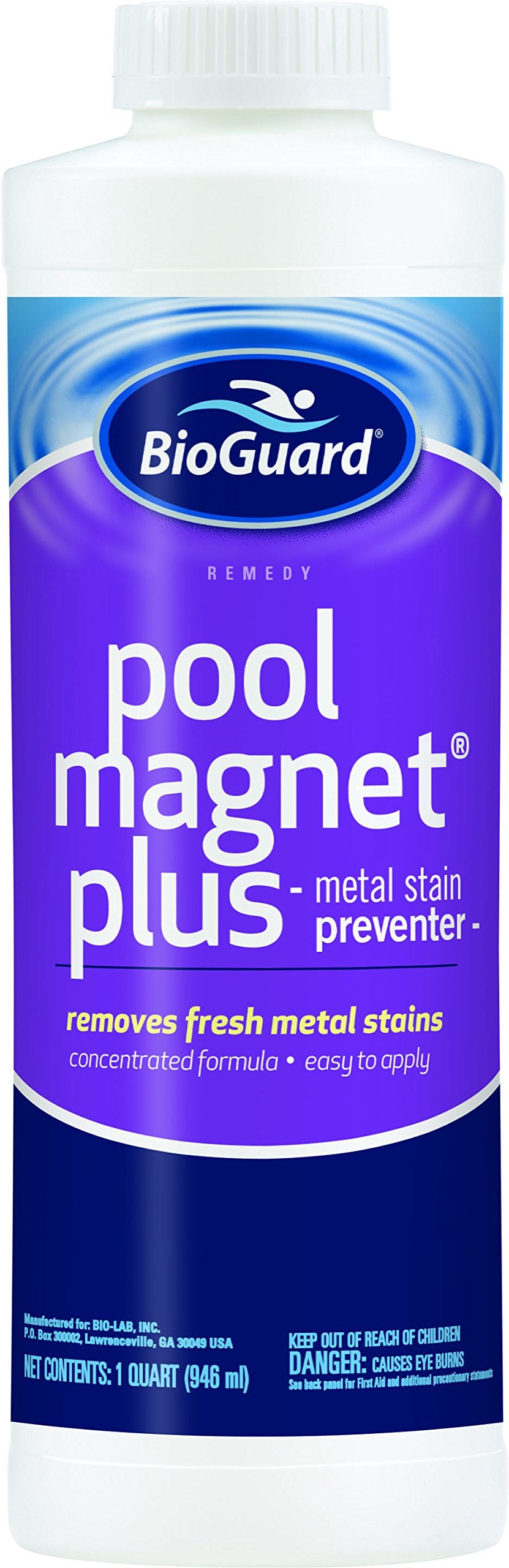 BioGuard Pool Magnet Plus bottle shows metal stain prevention for clearer pool water.