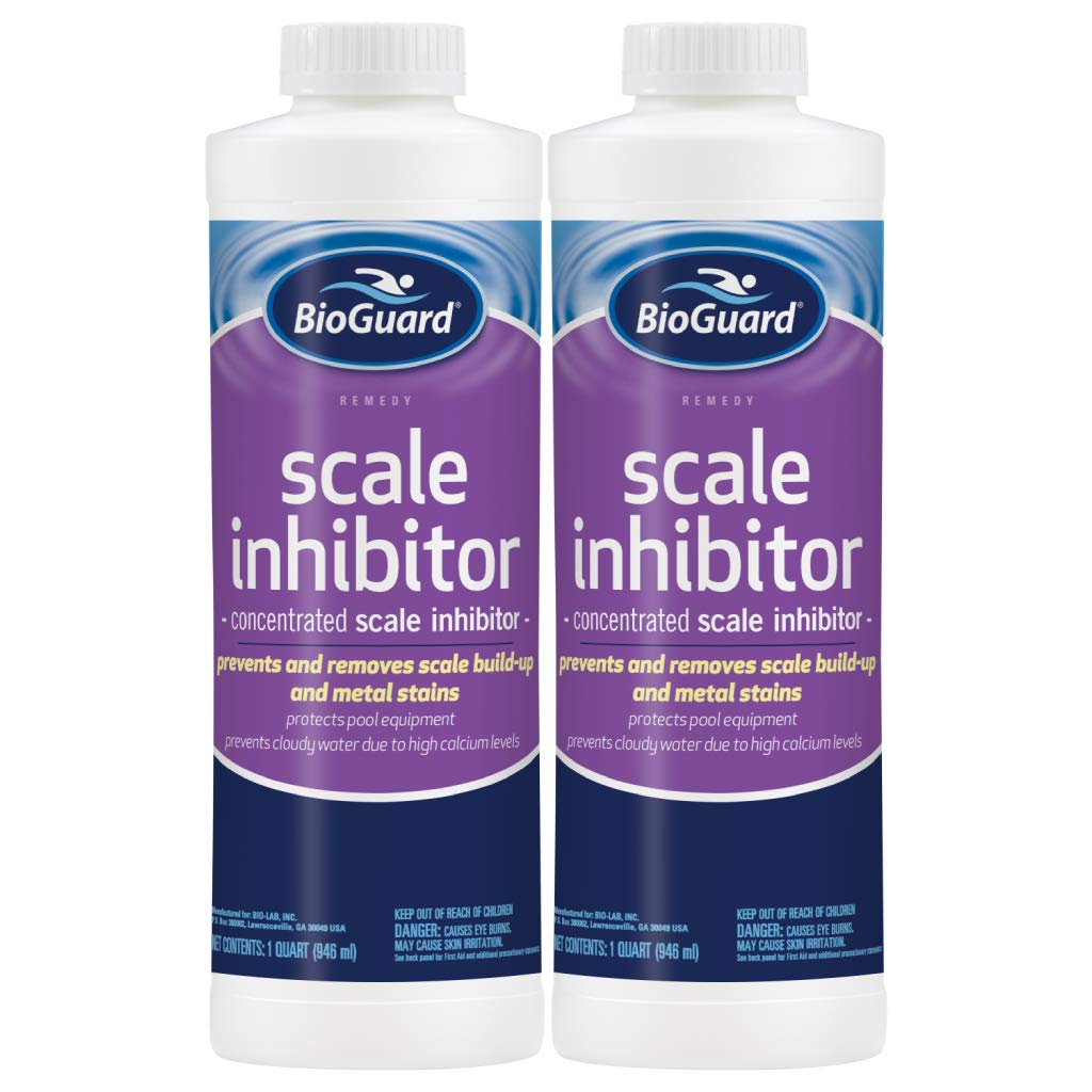 BioGuard Scale Inhibitor bottle protecting pool equipment from scale build-up