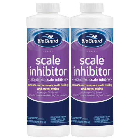 BioGuard Scale Inhibitor bottle protecting pool equipment from scale build-up
