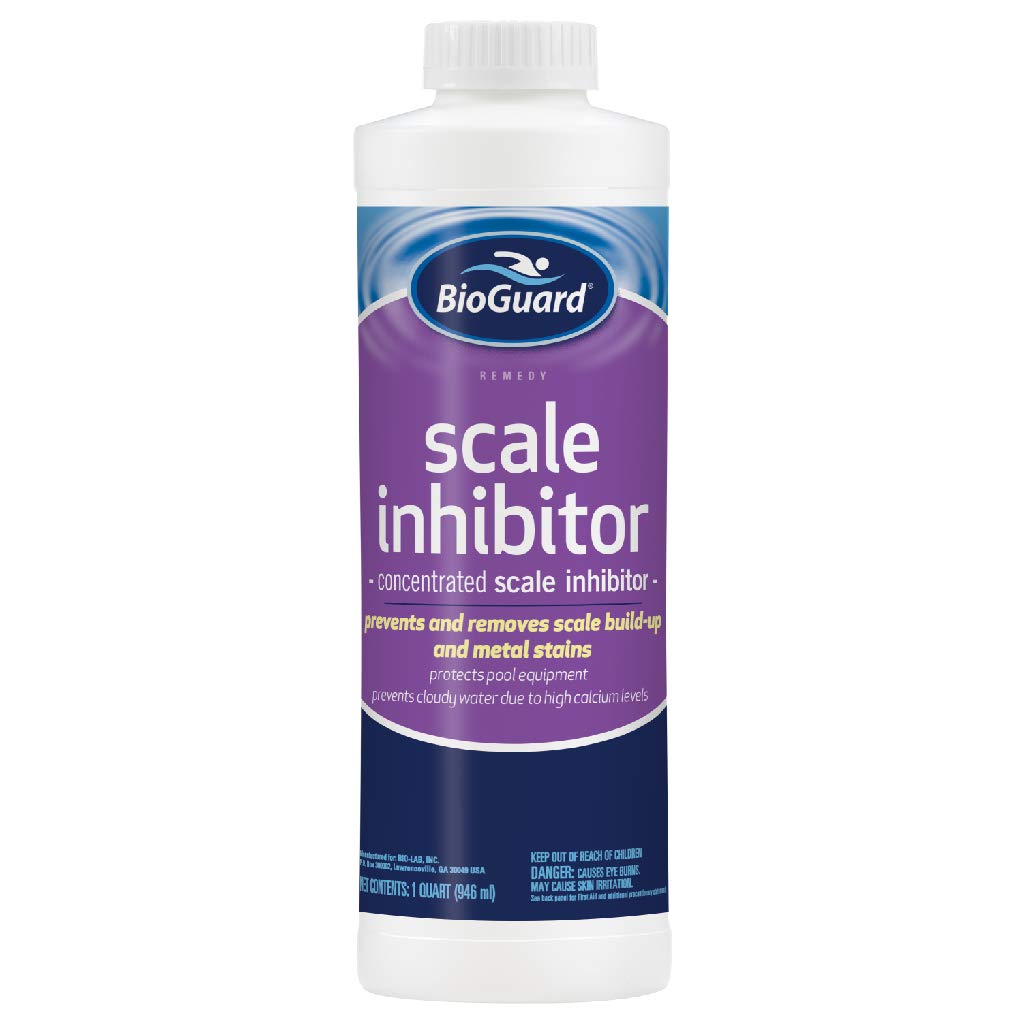 BioGuard Scale Inhibitor being poured to reduce mineral deposits and keep water clear