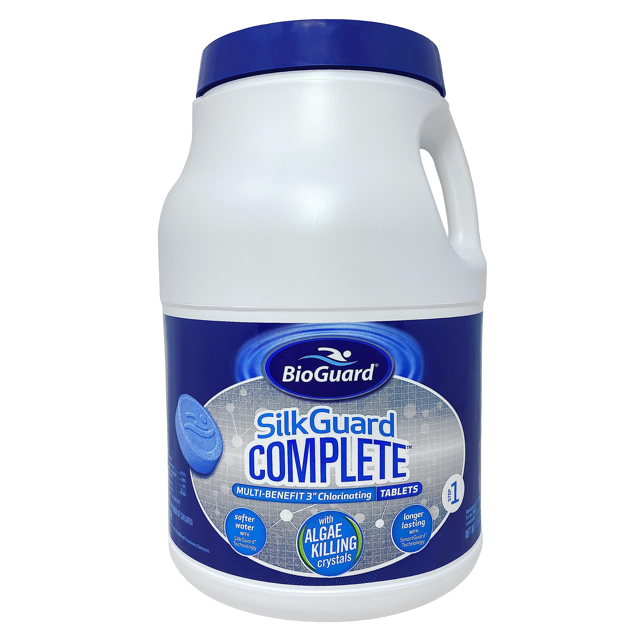 BioGuard SilkGuard Complete 3inch tabs bottle highlights softer water and long-lasting sanitization