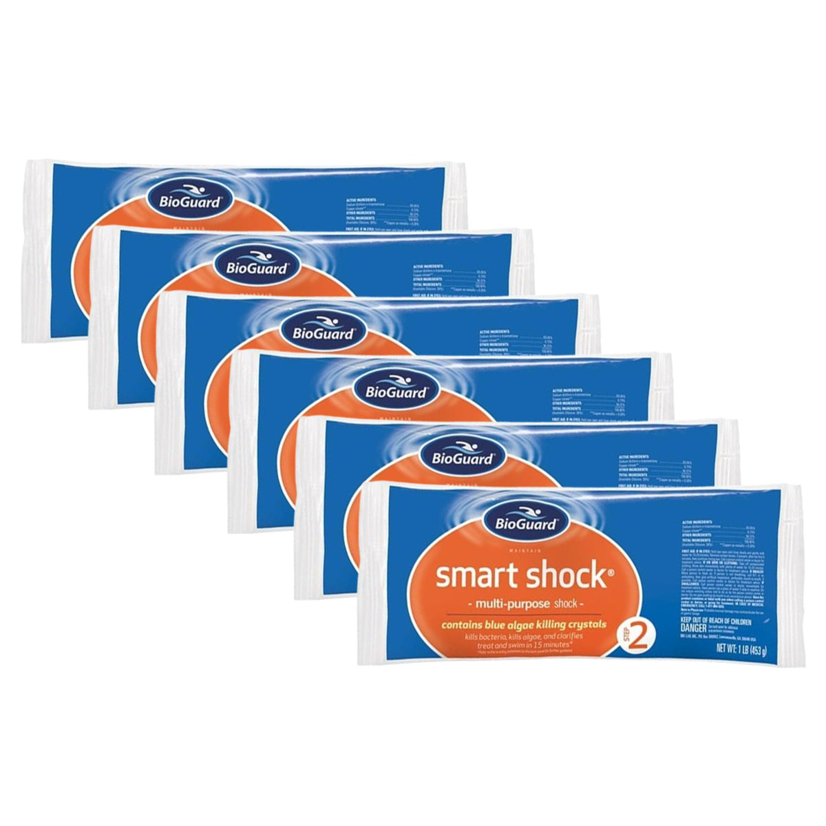 BioGuard Smart Shock 1 lb bottle shows blue crystals, helping prevent algae and clarify pool water.