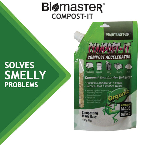 Biomaster Compost-It label close-up highlighting natural ingredients