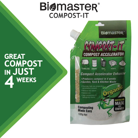 Biomaster Compost-It spout pack 100g back view shows usage details