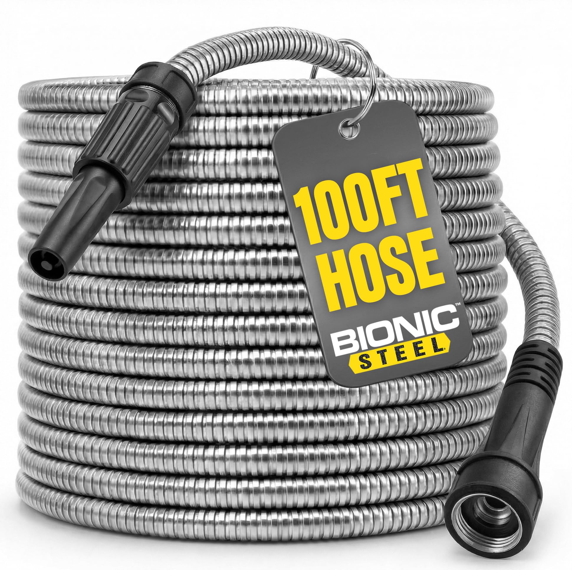 BIONIC STEEL 100 ft hose with sprayer overview shows durable stainless steel construction for long-lasting watering.