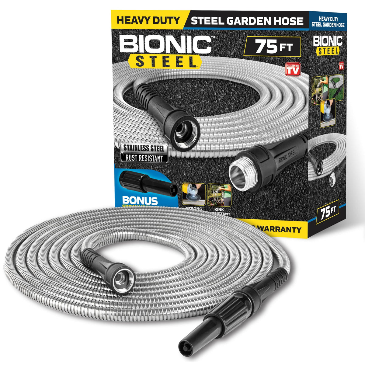 BIONIC STEEL 75ft hose coiled neatly for storage.