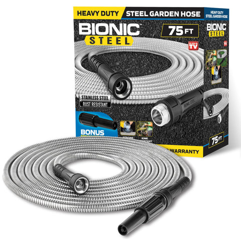 BIONIC STEEL 75ft hose coiled neatly for storage.