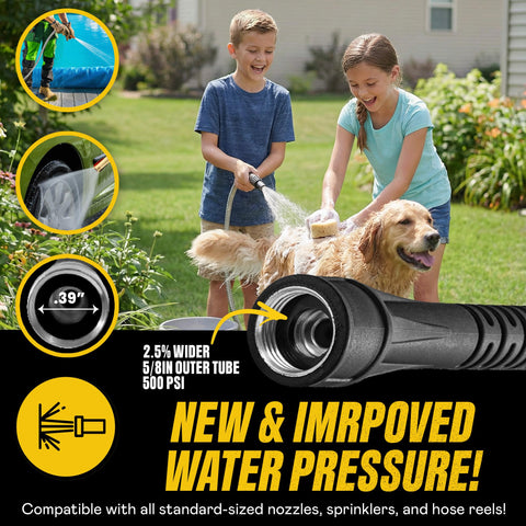 Bionic Steel hose side view highlights quick, even water flow for efficient watering.