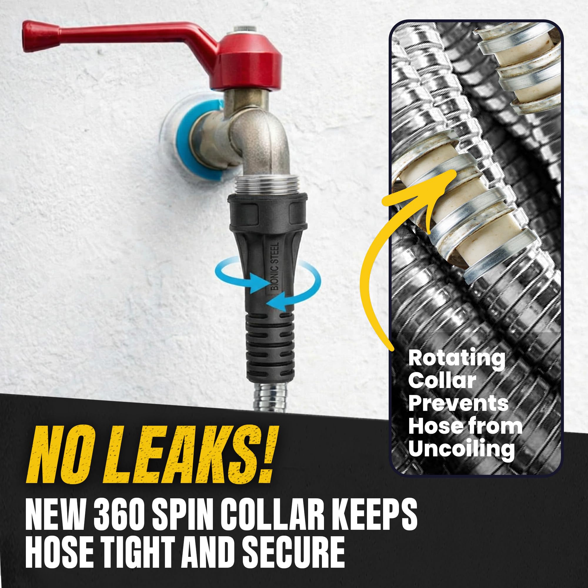 Bionic Steel hose connected to sprayer shows versatile spray options.