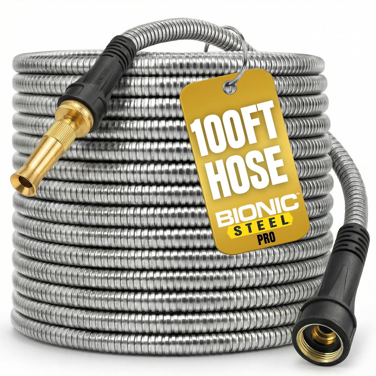 BIONIC STEEL PRO 100ft hose with nozzle for versatile watering and powerful spray.