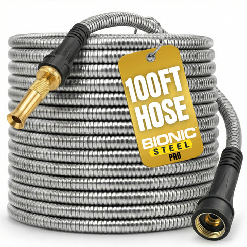 BIONIC STEEL PRO 100ft hose with nozzle for versatile watering and powerful spray.
