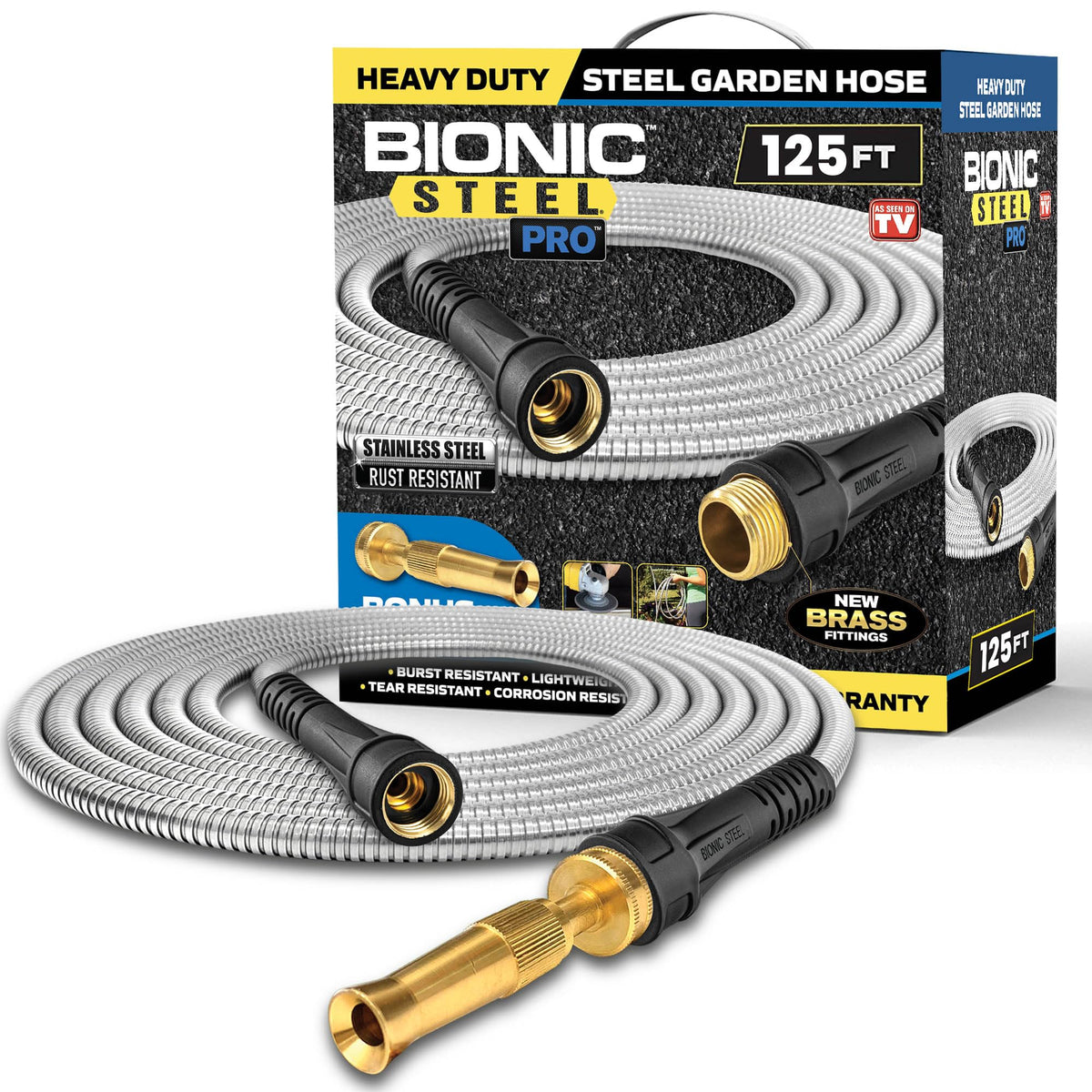 Bionic Steel Pro 125ft hose coiled for easy storage and quick deployment