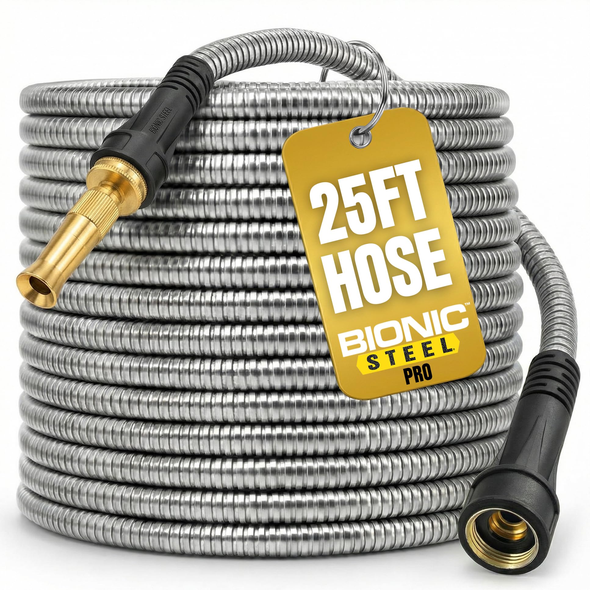 Bionic Steel Pro 25ft hose with nozzle for precise lawn watering and garden tasks