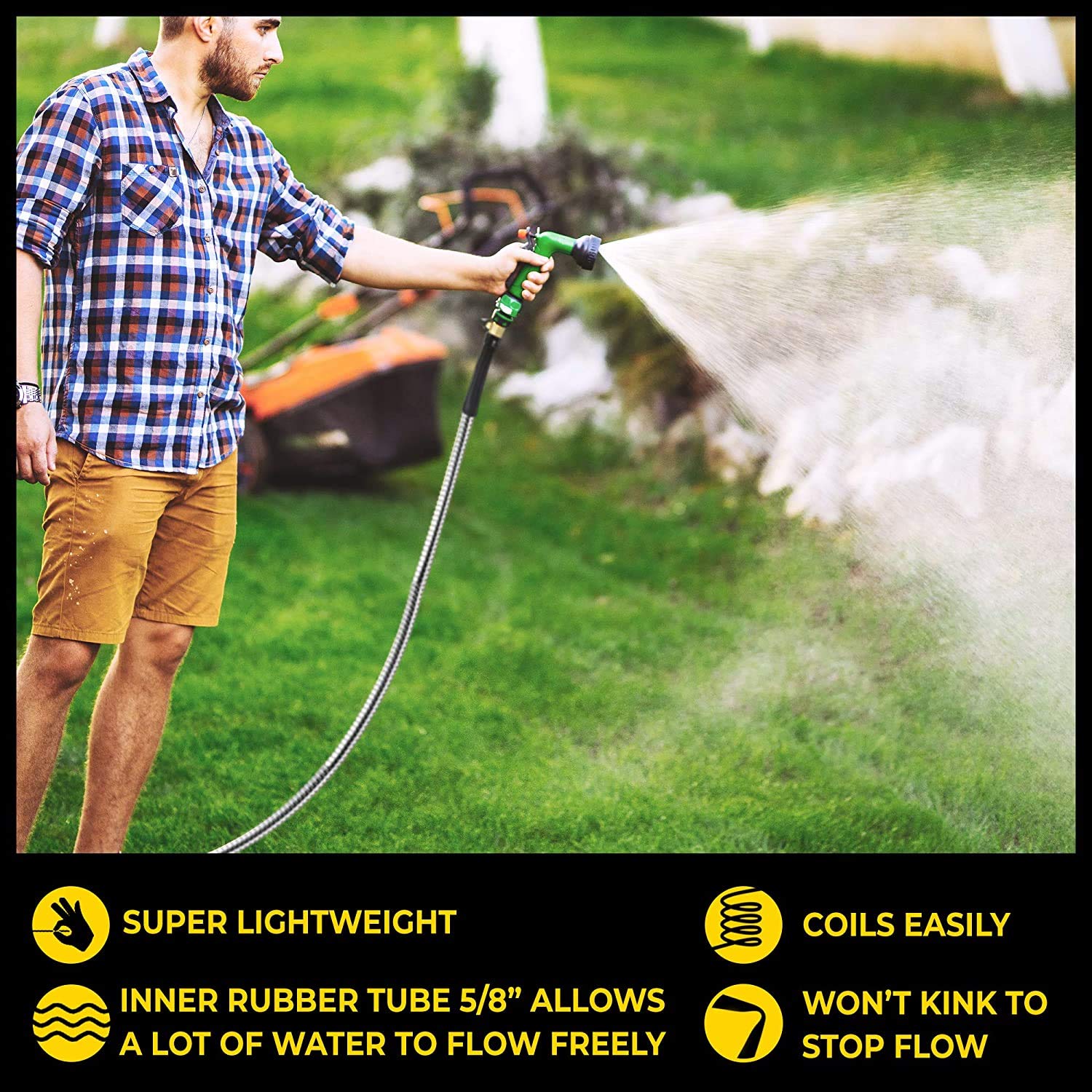Bionic Steel Pro 75ft hose with on/off valve for convenient water control.