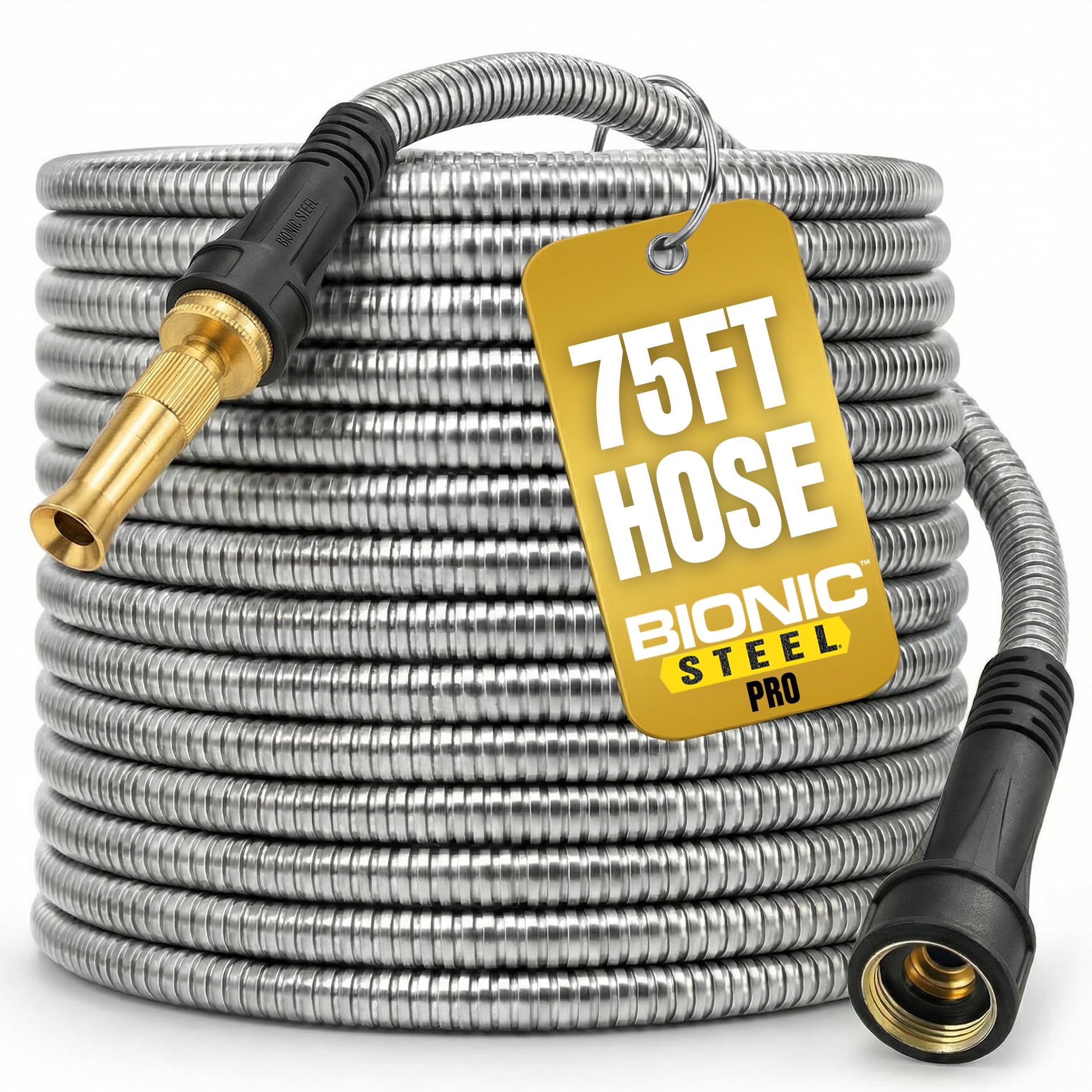 Bionic Steel Pro 75ft hose outer shell showing rust-resistant stainless steel for durable outdoor use.
