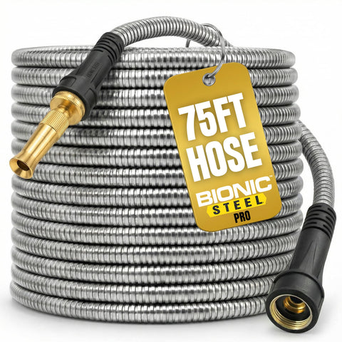 Bionic Steel Pro 75ft hose outer shell showing rust-resistant stainless steel for durable outdoor use.