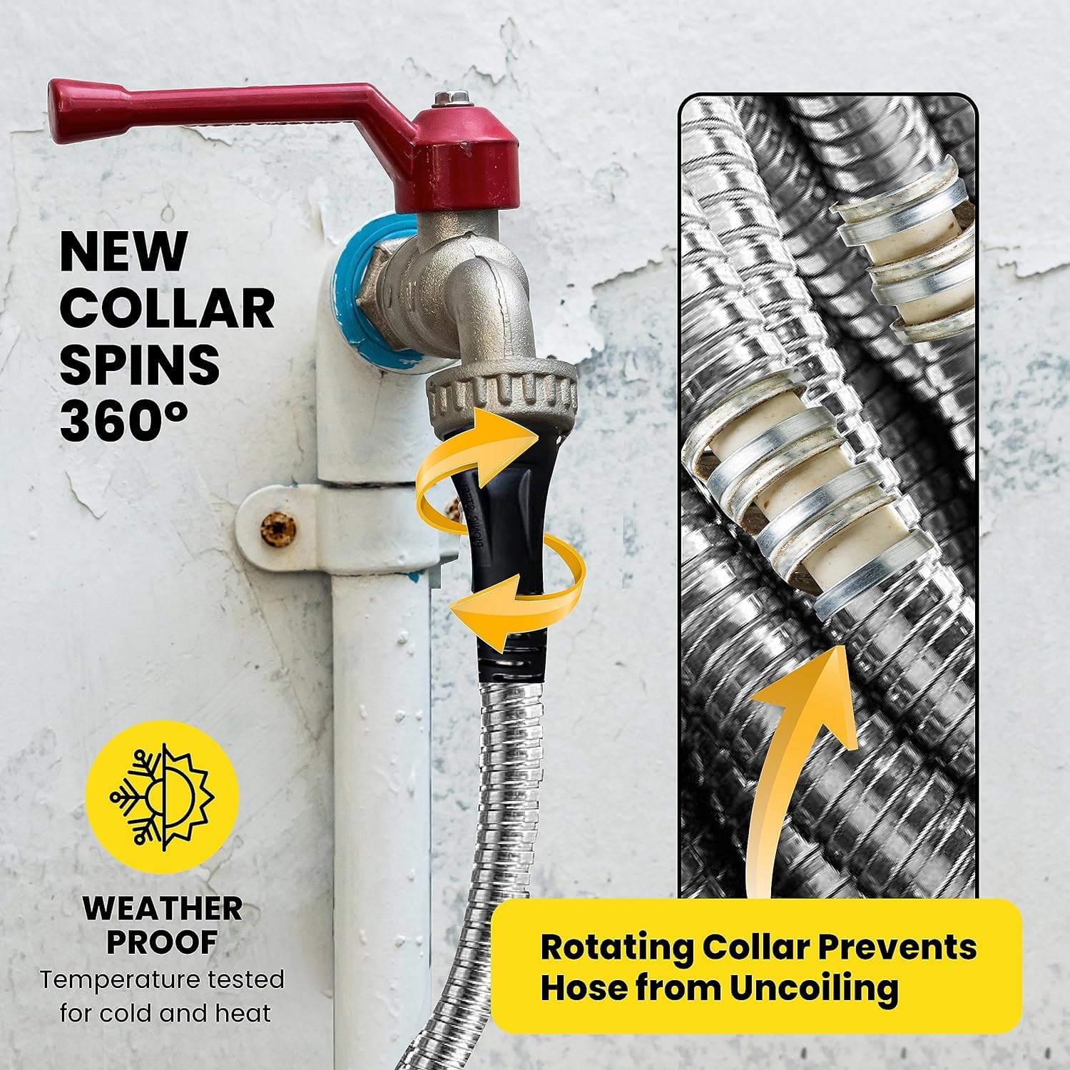 BIONIC STEEL PRO weatherproof non-expandable hose stands up to sun and cold.
