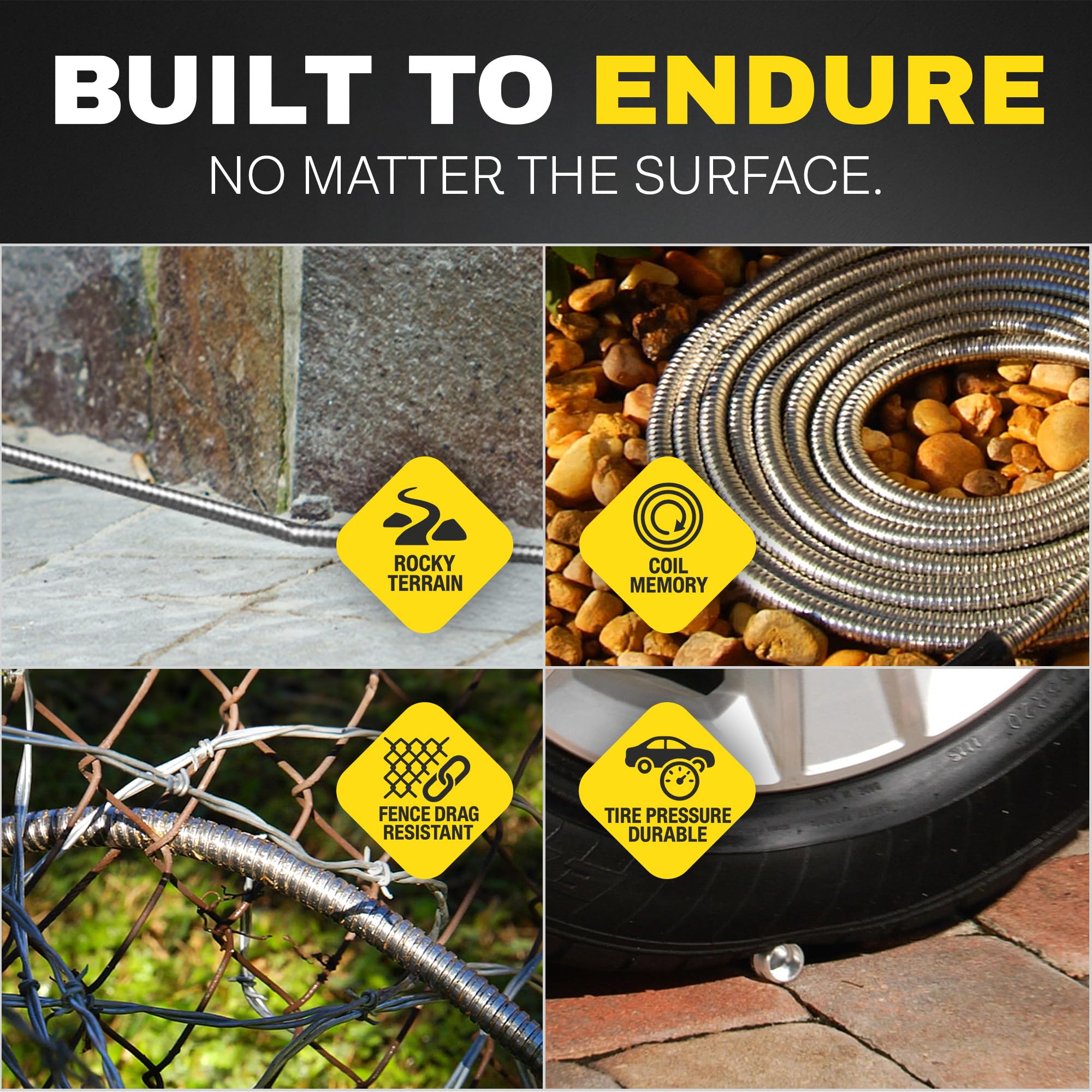 BIONIC STEEL memoryless-hose-coils-flat for simple storage.