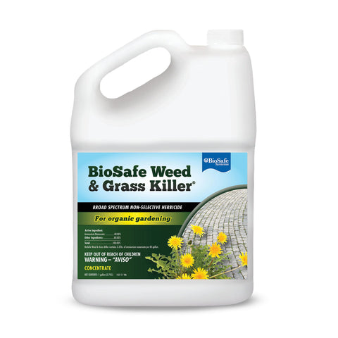 BioSafe Weed Killer bottle pour shows fast weed control for organic gardens.