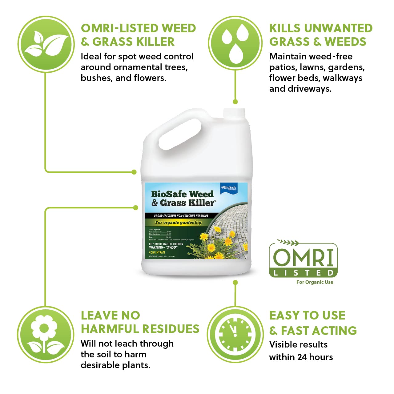 BioSafe Weed Killer concentrate gallon label highlights accessible, easy-to-measure solution.