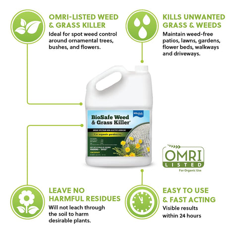 BioSafe Weed Killer concentrate gallon label highlights accessible, easy-to-measure solution.