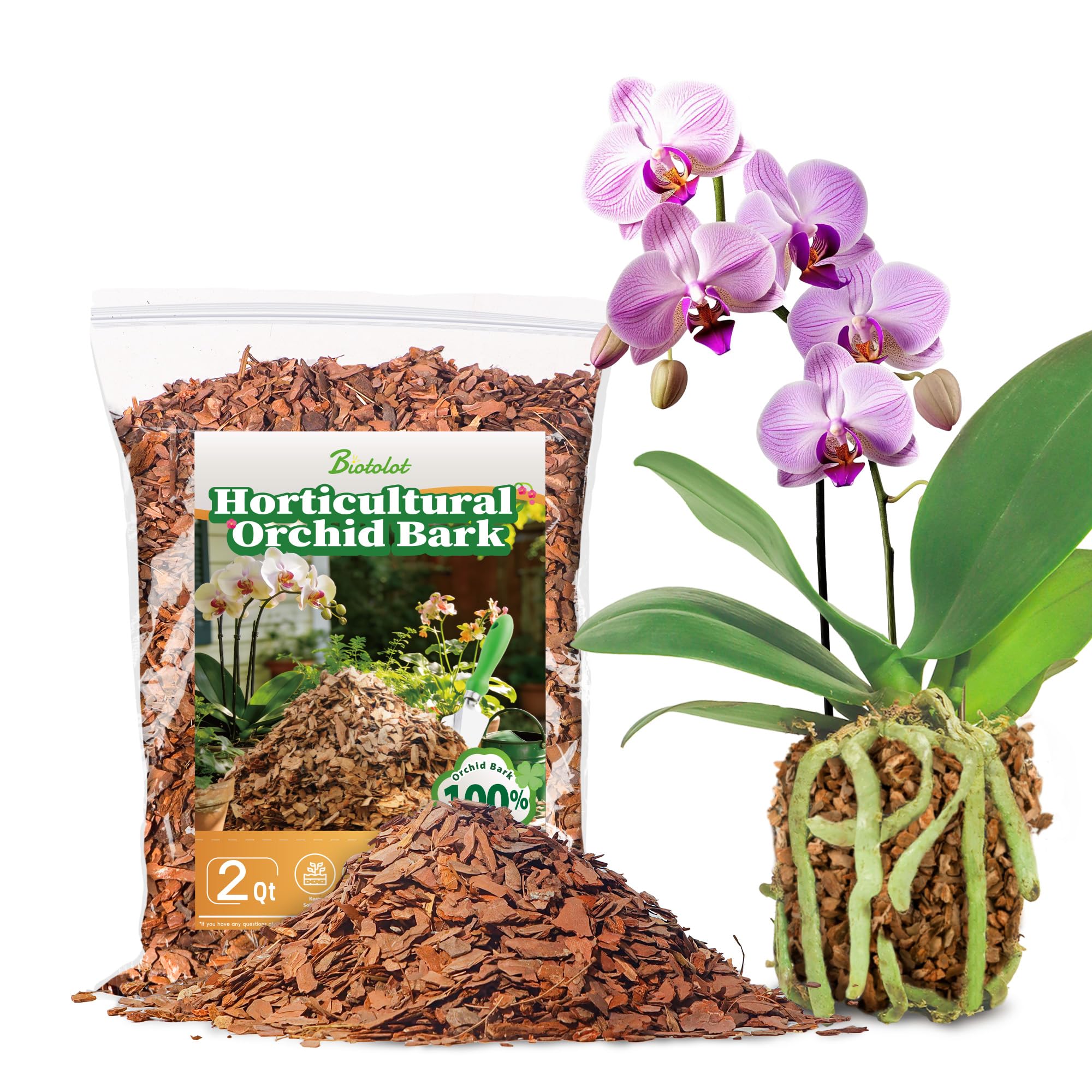 Biotolot orchid bark bag close-up showing natural mulch texture