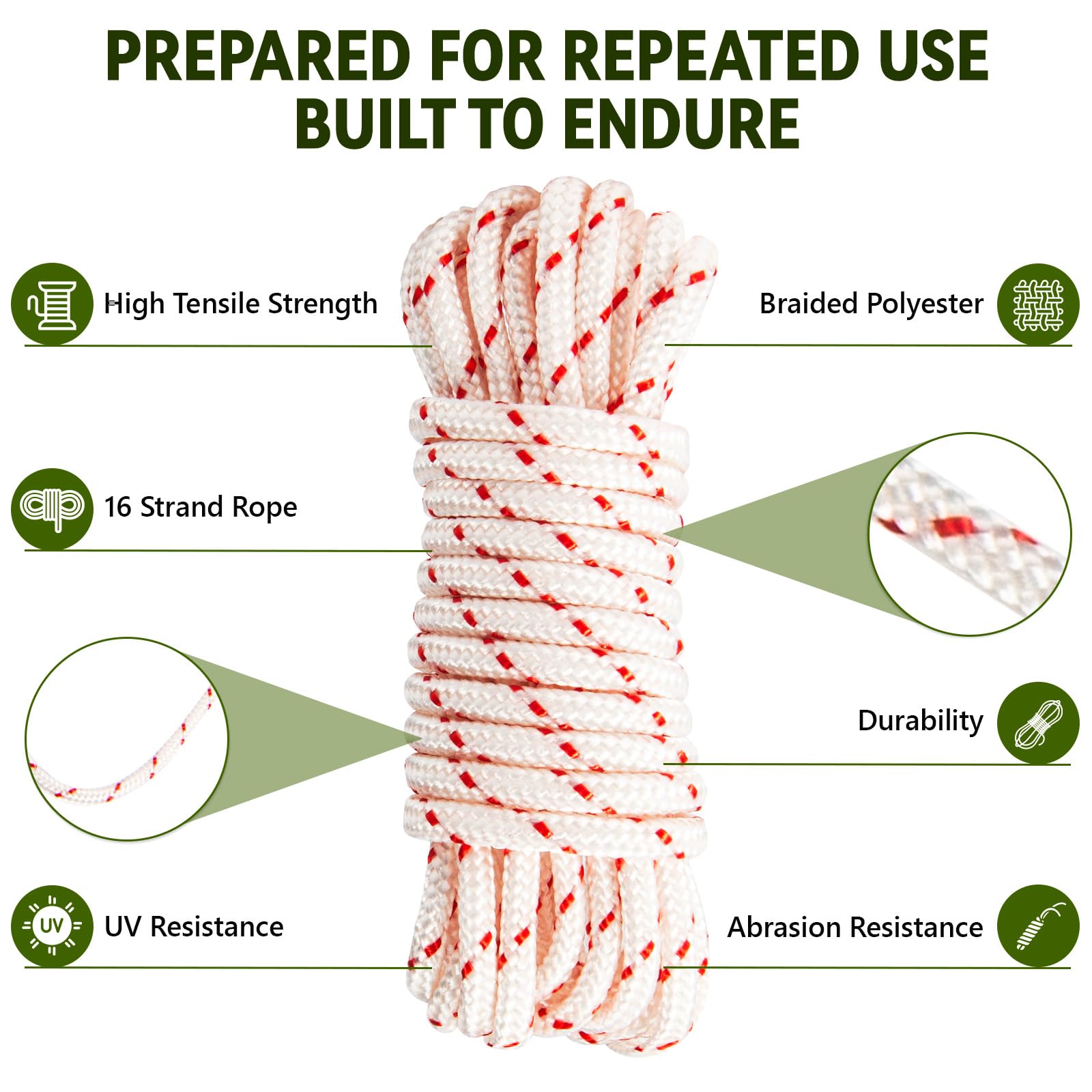 BiQnOeC 16-strand braided rope emphasizes low stretch under heavy use.