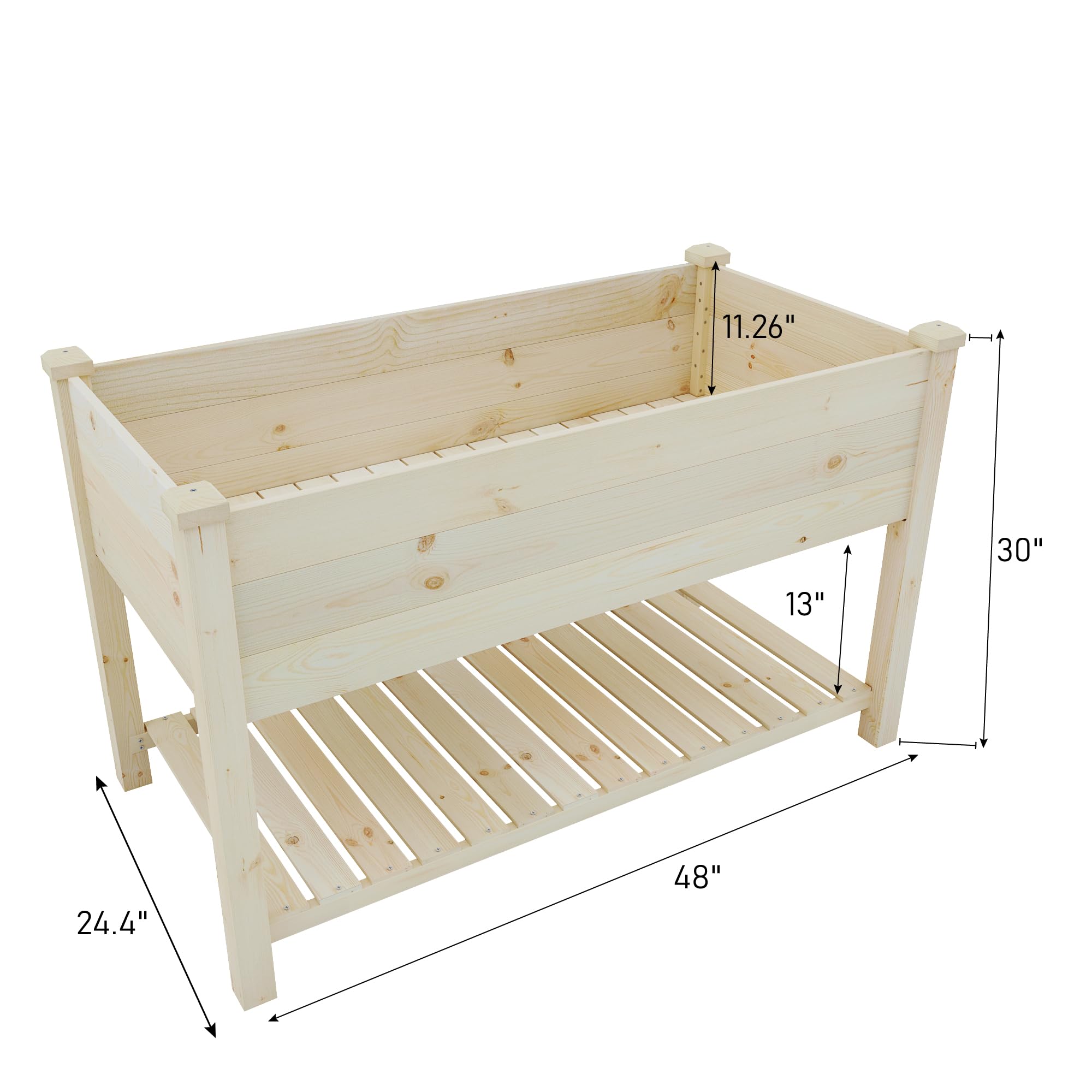 BIRASIL raised bed side view shows height and leg clearance.
