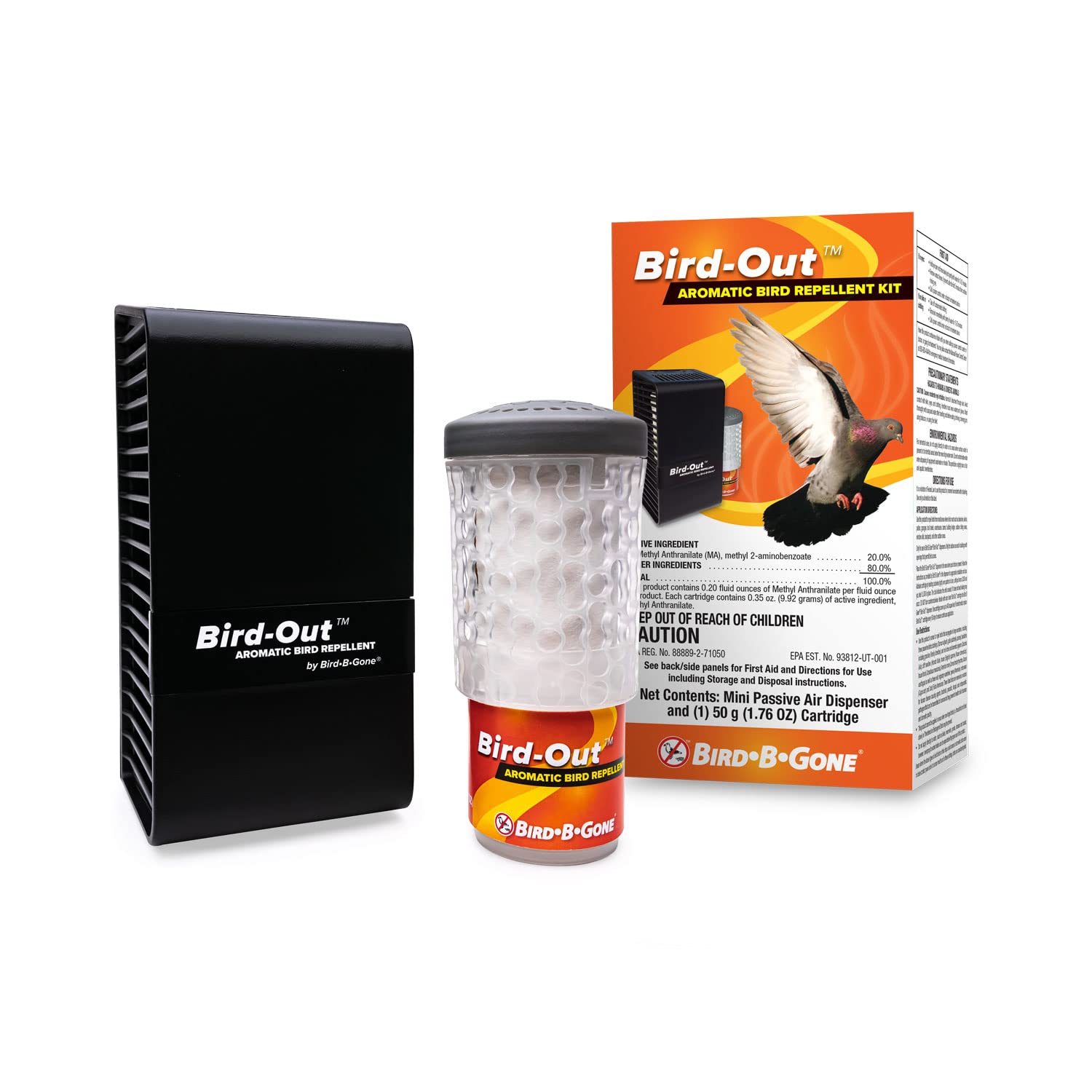 Bird-Out Dispenser by Bird B Gone mounted on wall deters birds with grape aroma.