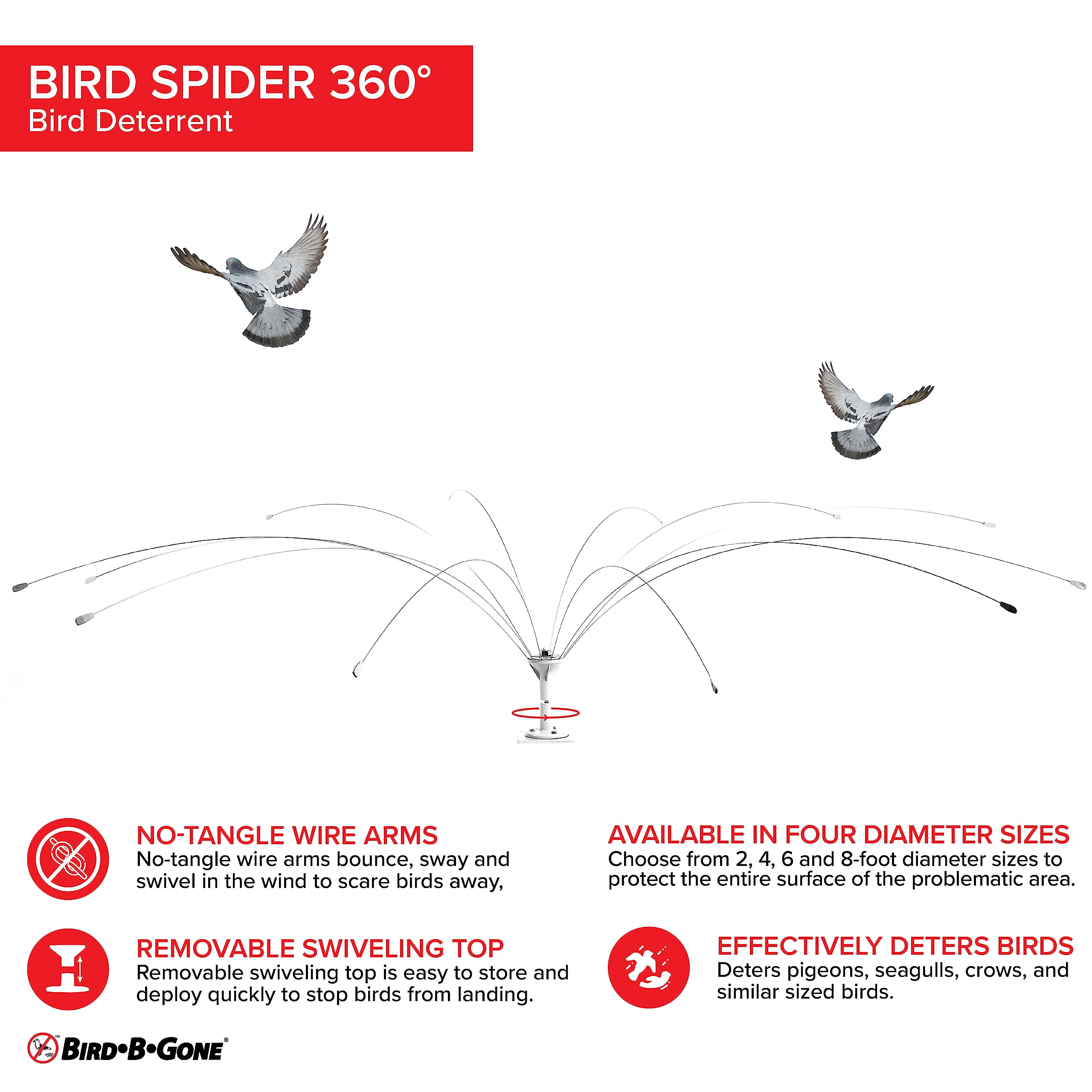 Pre-assembled Bird Spider 360 with PVC base included for quick setup