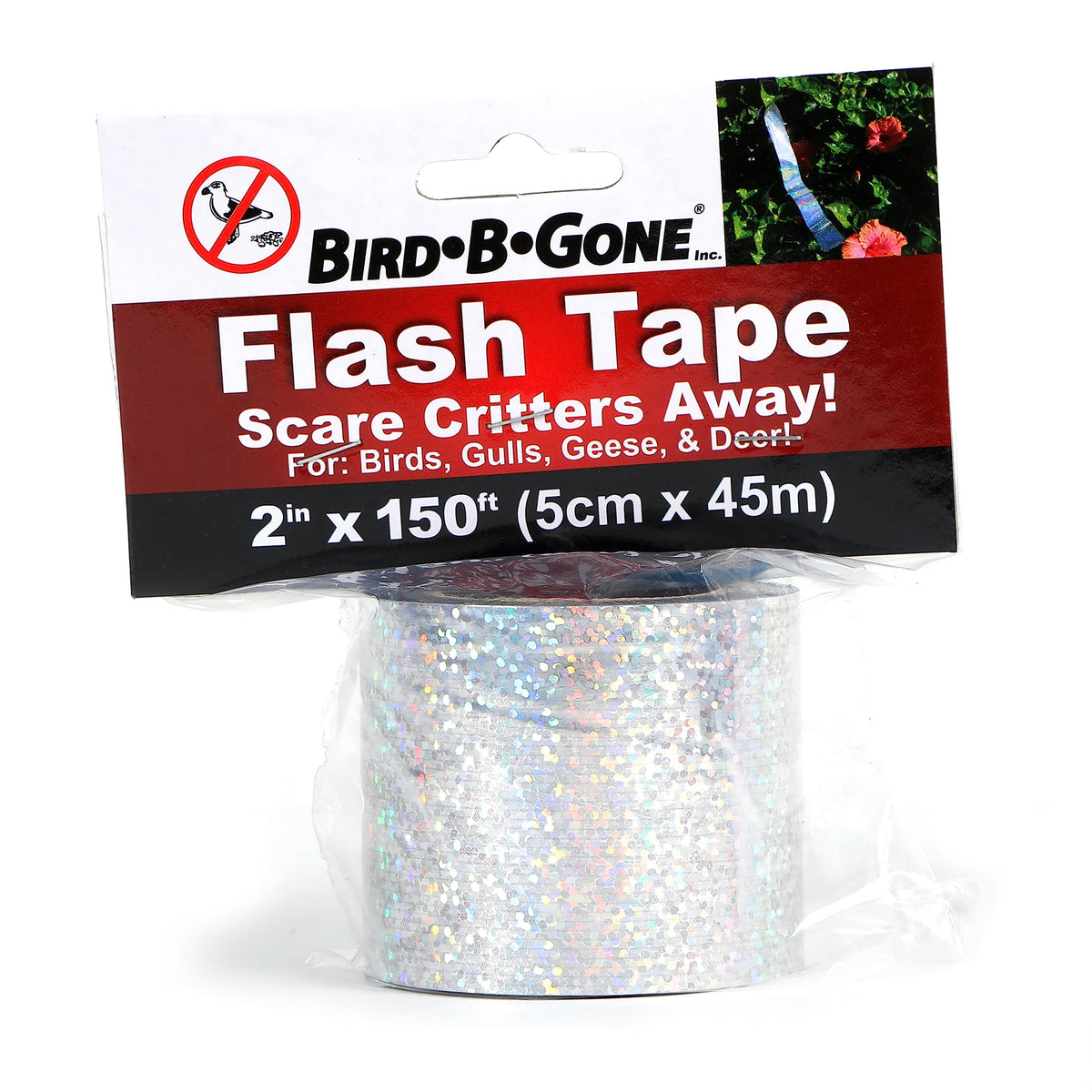 Bird B Gone holographic flash tape 150ft roll reflecting sunlight to deter birds in gardens.