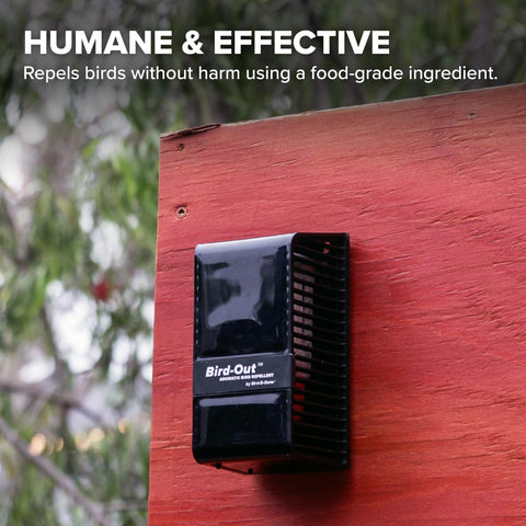 Humane deterrent from Bird B Gone helps reduce bird presence on outdoor spaces.