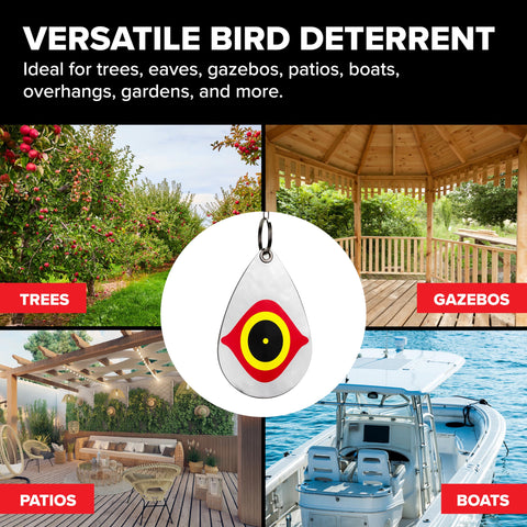 Bird B Gone reflective eye diverters hang easily from eaves or branches.