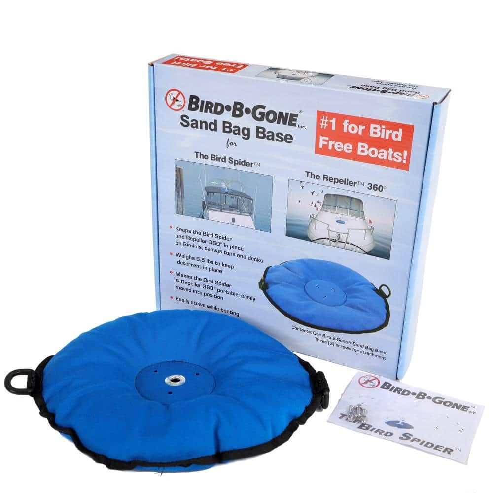 Bird B Gone sand bag base adds 6.5 lb stability for deterrents.