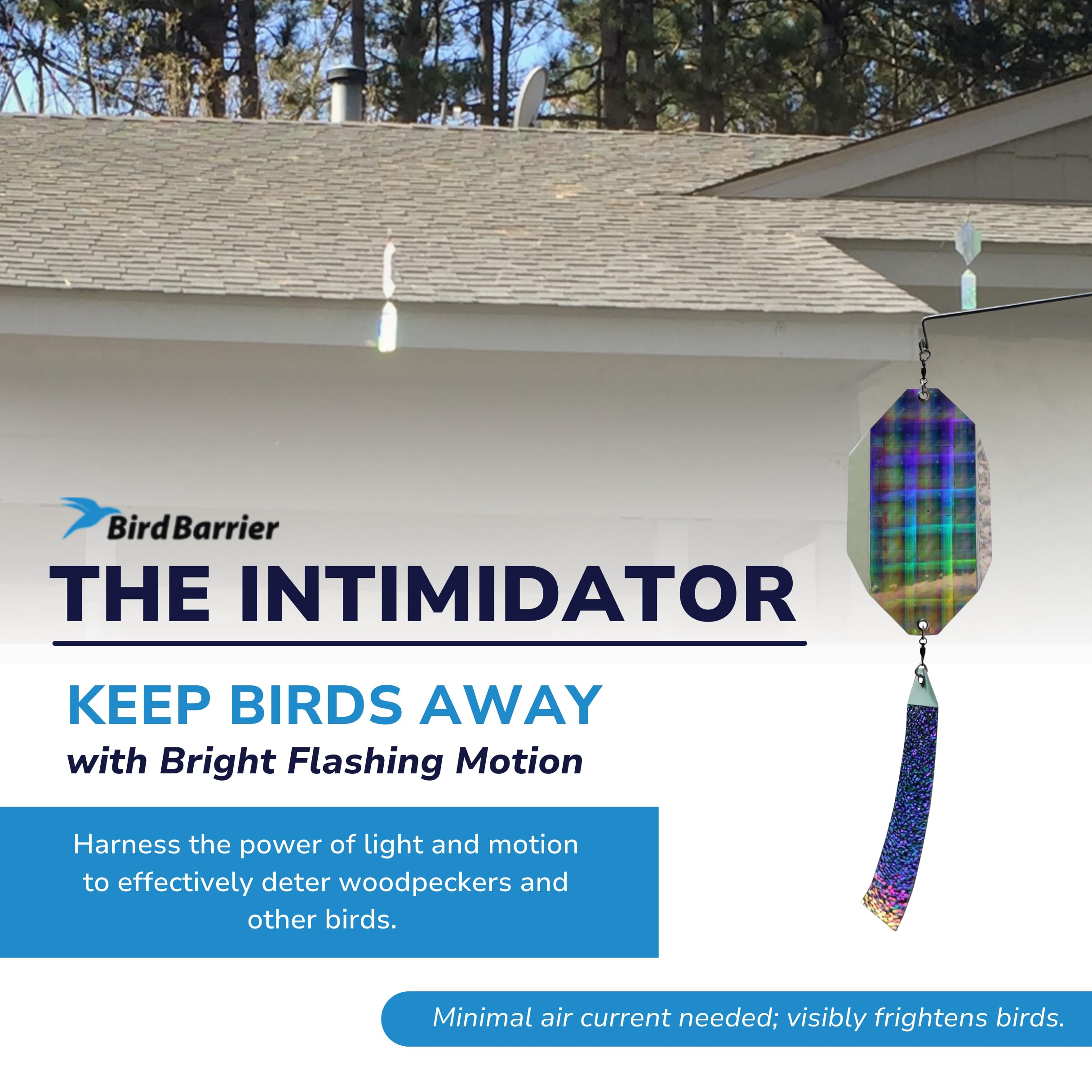 Bird Barrier The Intimidator motion-activated deterrent keeps birds away from protected structures.