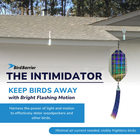 Bird Barrier The Intimidator motion-activated deterrent keeps birds away from protected structures.