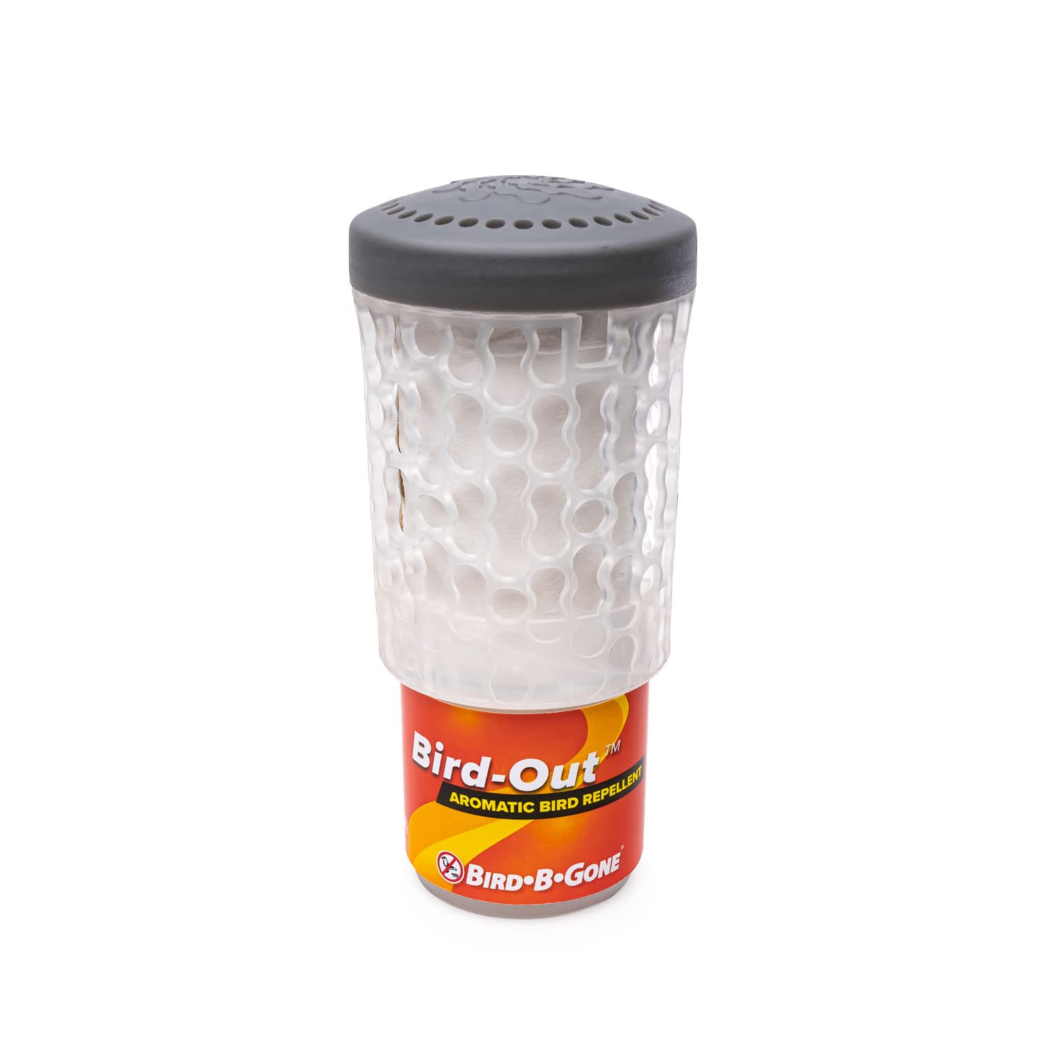 Bird B Gone Bird-Out aromatic refill cartridge deters birds for up to 60 days.