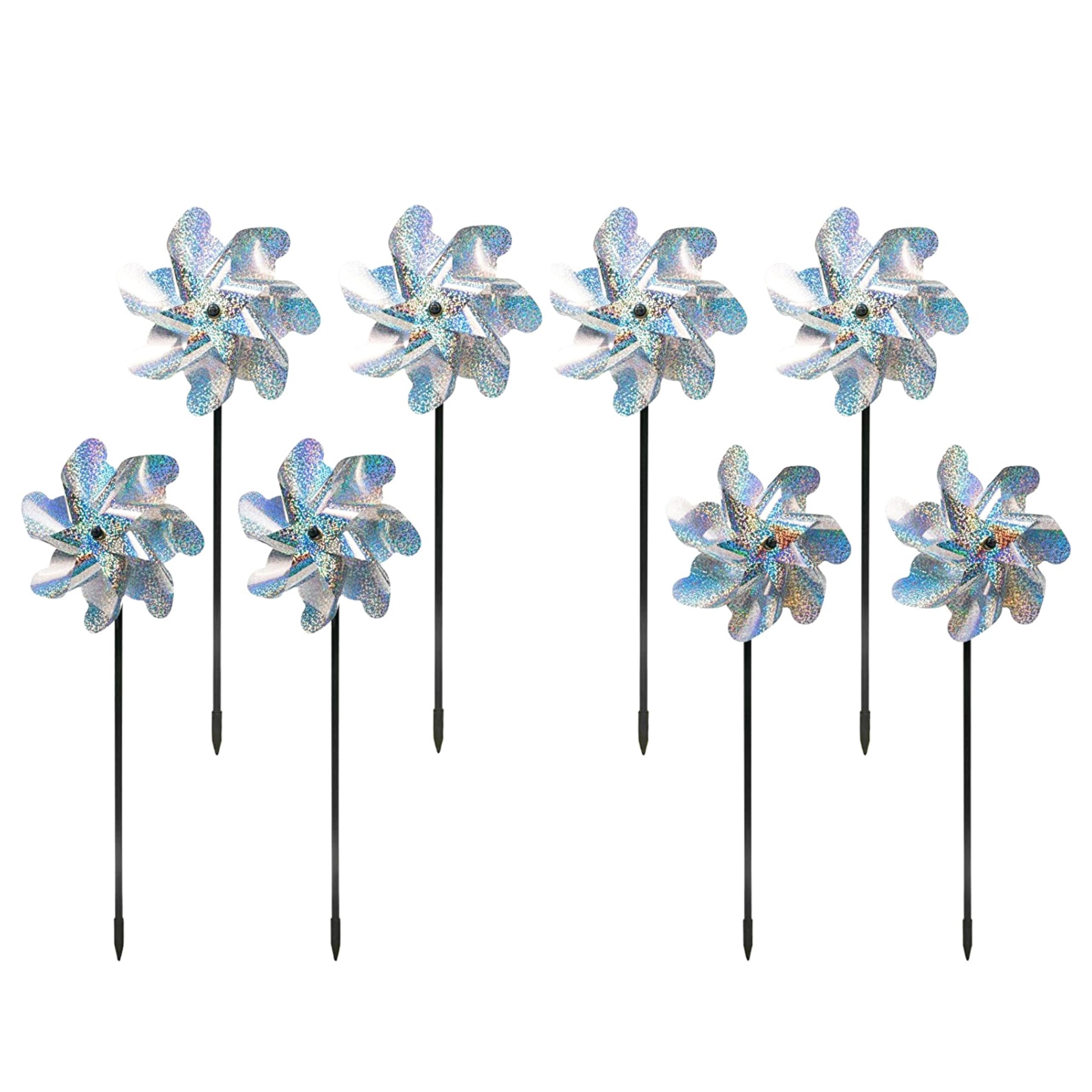 BIRD BLINDER reflective pinwheels deter birds on a bright patio