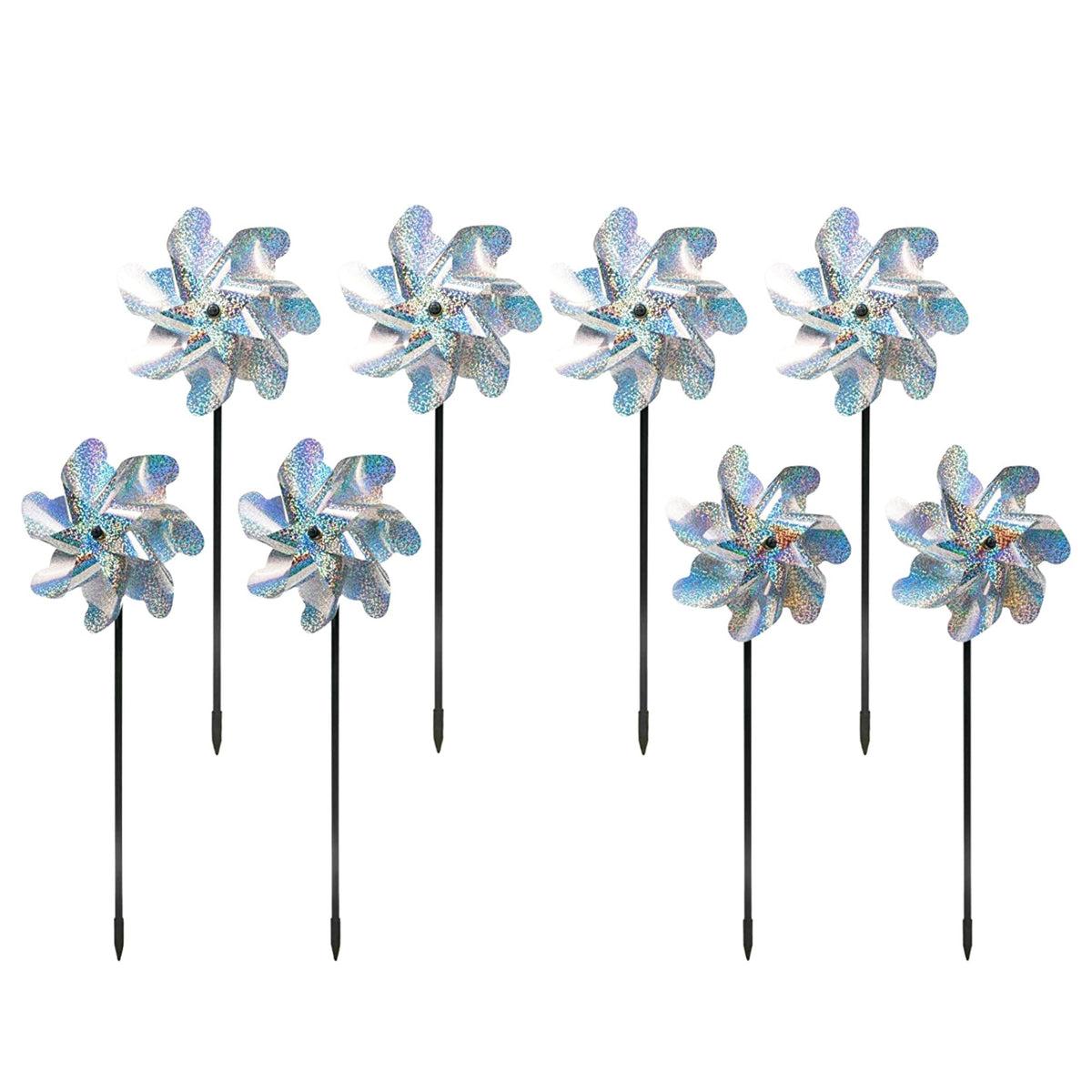 BIRD BLINDER reflective pinwheels deter birds on a bright patio