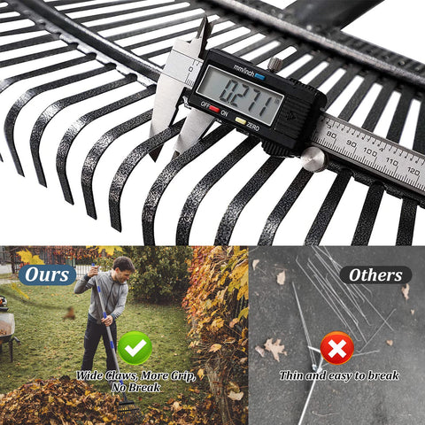 Bird Twig Garden Rake with an 8.5-inch wide head for fast coverage near beds.