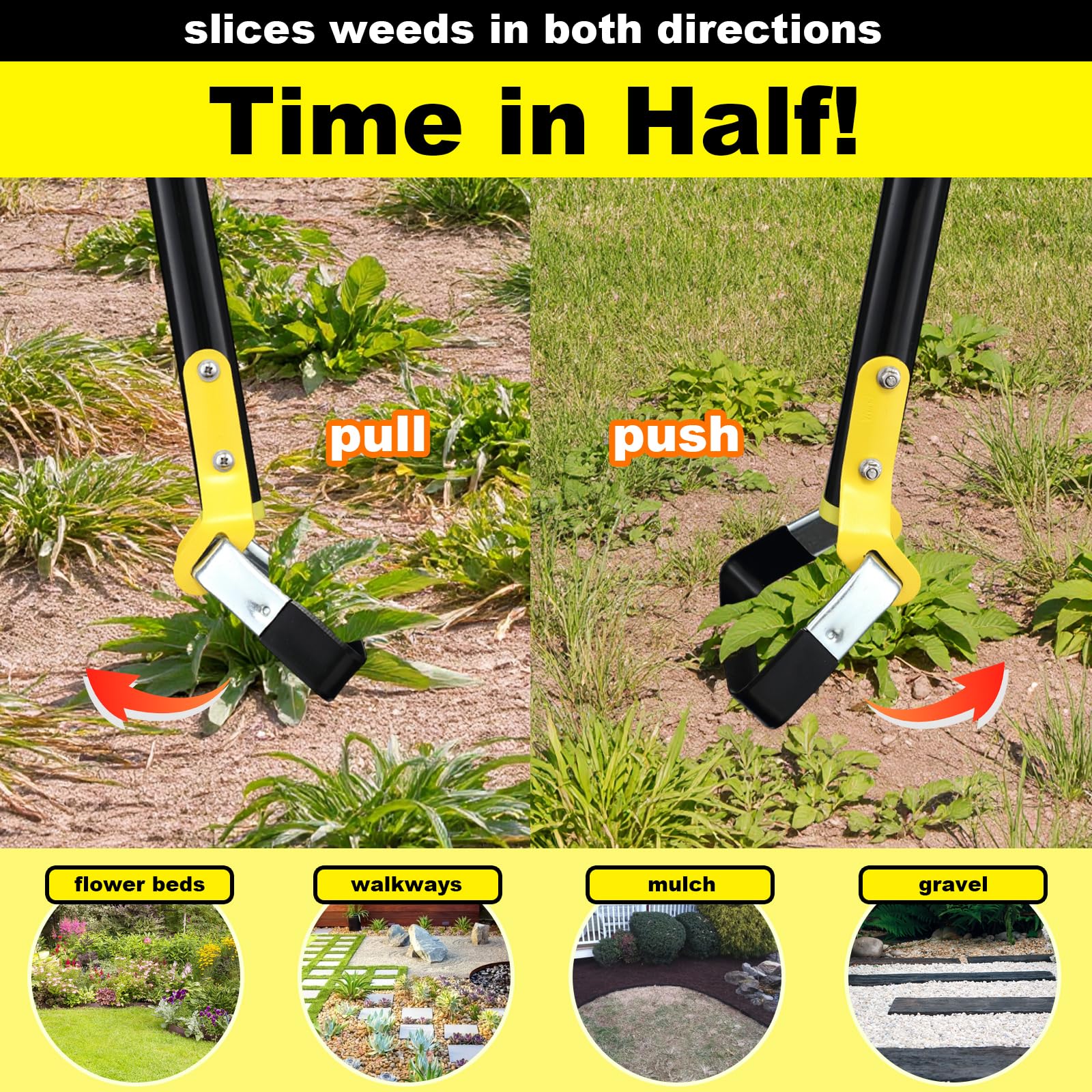 Bird Twig Hoe adjustable handle extended to 30–60 inches for reach.