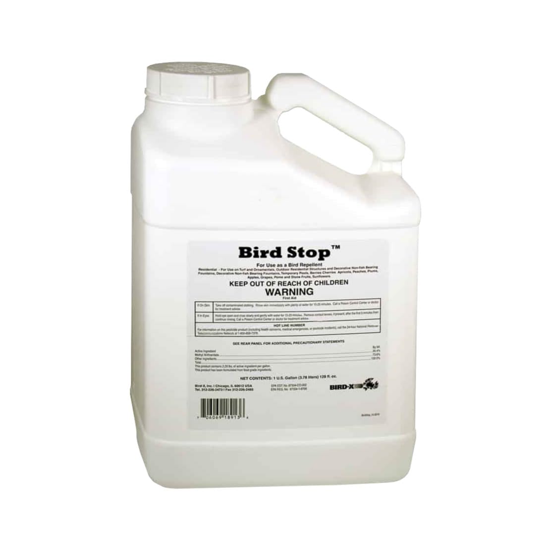 Bird-X Bird Stop Liquid bottle deters birds around outdoor spaces.
