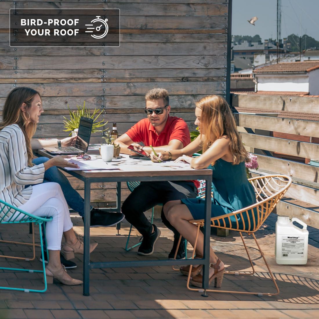 Bird-X Bird Stop Liquid surface application promotes humane deterrence.