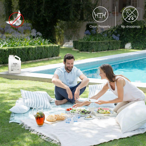 Bird-X Bird Stop Liquid for yards and fountains keeps birds away.
