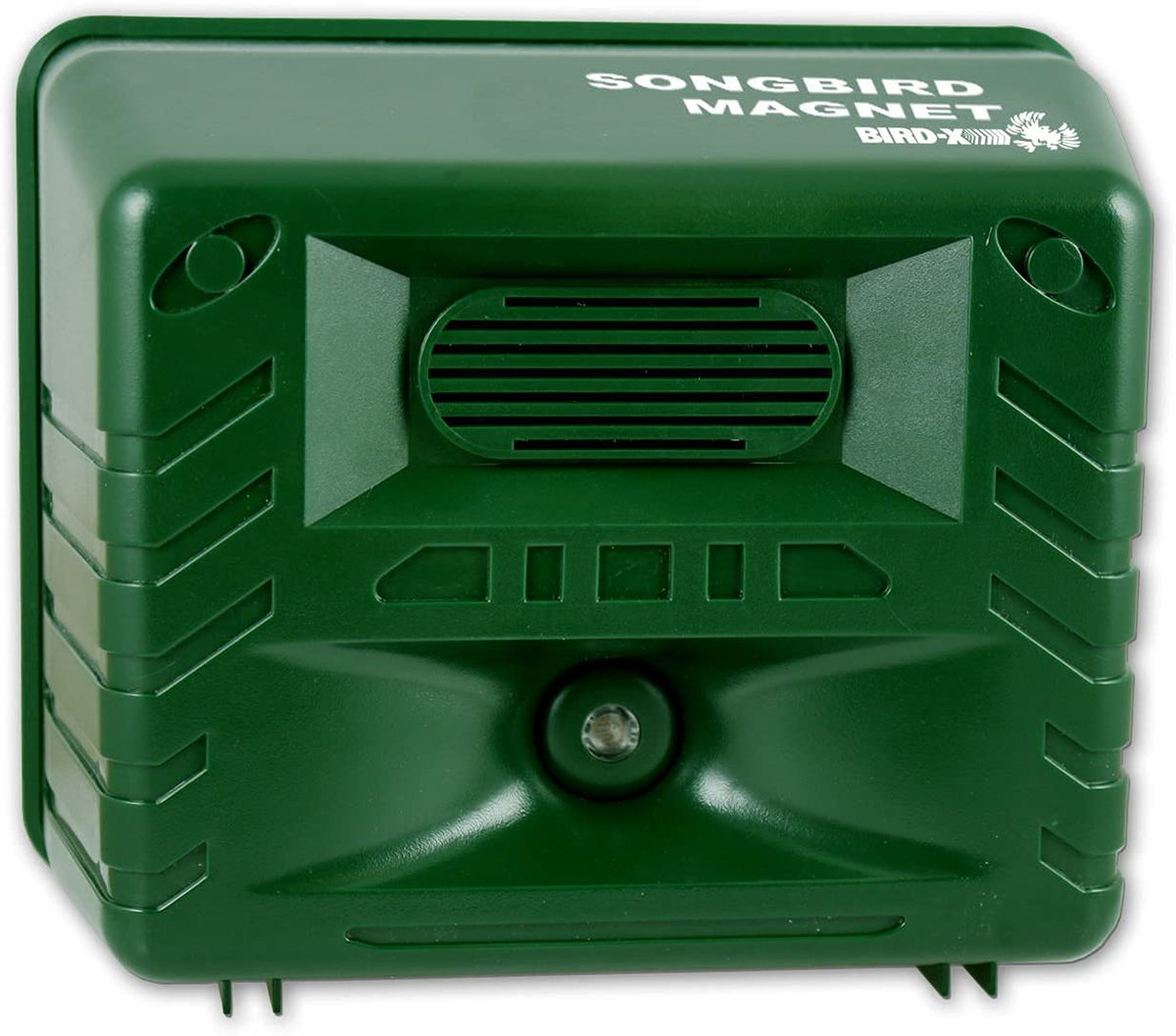 Bird-X Songbird Magnet front view; compact and weather-resistant, ideal for attracting songbirds to feeders.