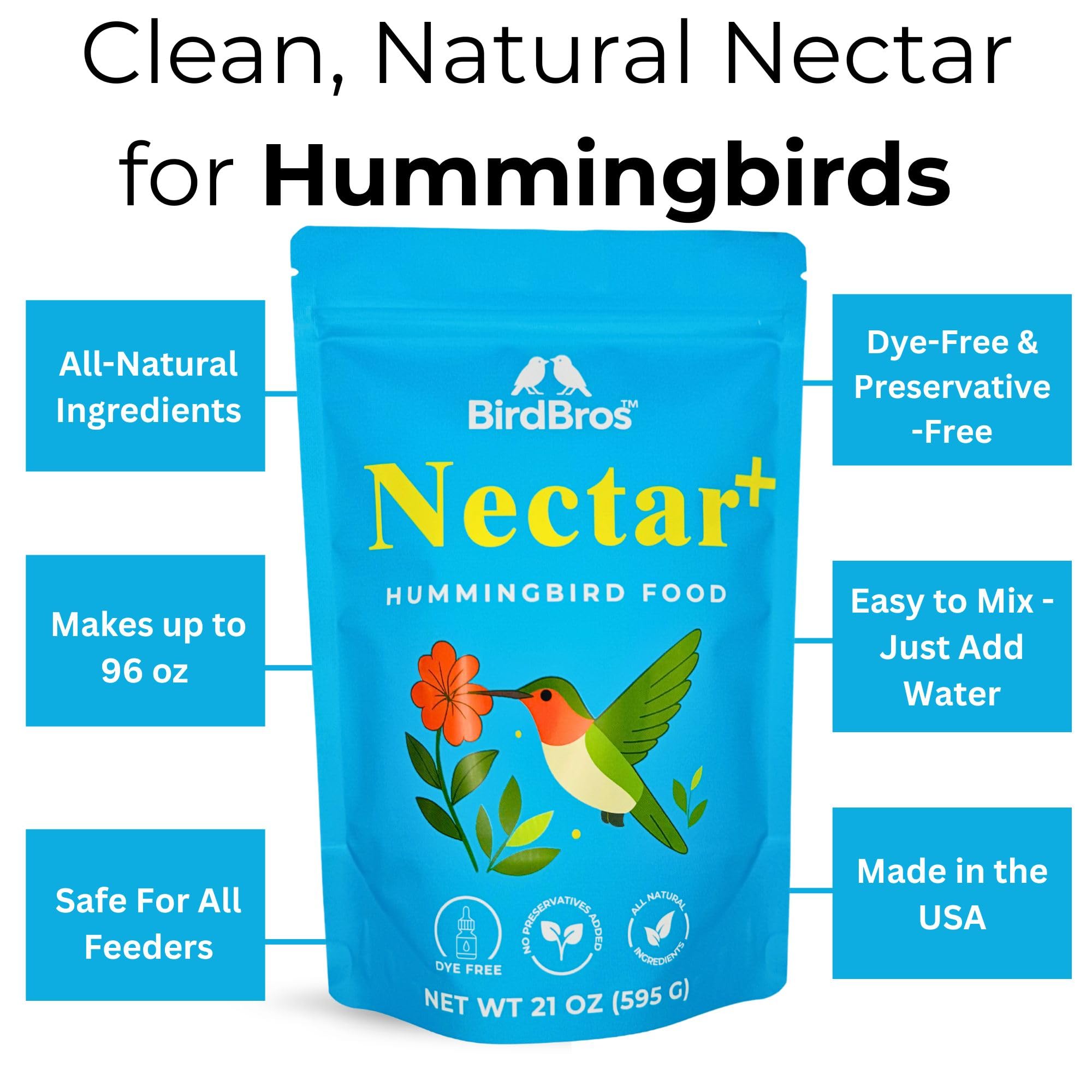 BirdBros Nectar+ powder dissolves in water for quick hummingbird feeding